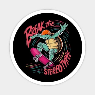 illustration featuring a fashionable and inspiring turtle character, gracefully executing a daring aerial skateboard trick._2 Magnet